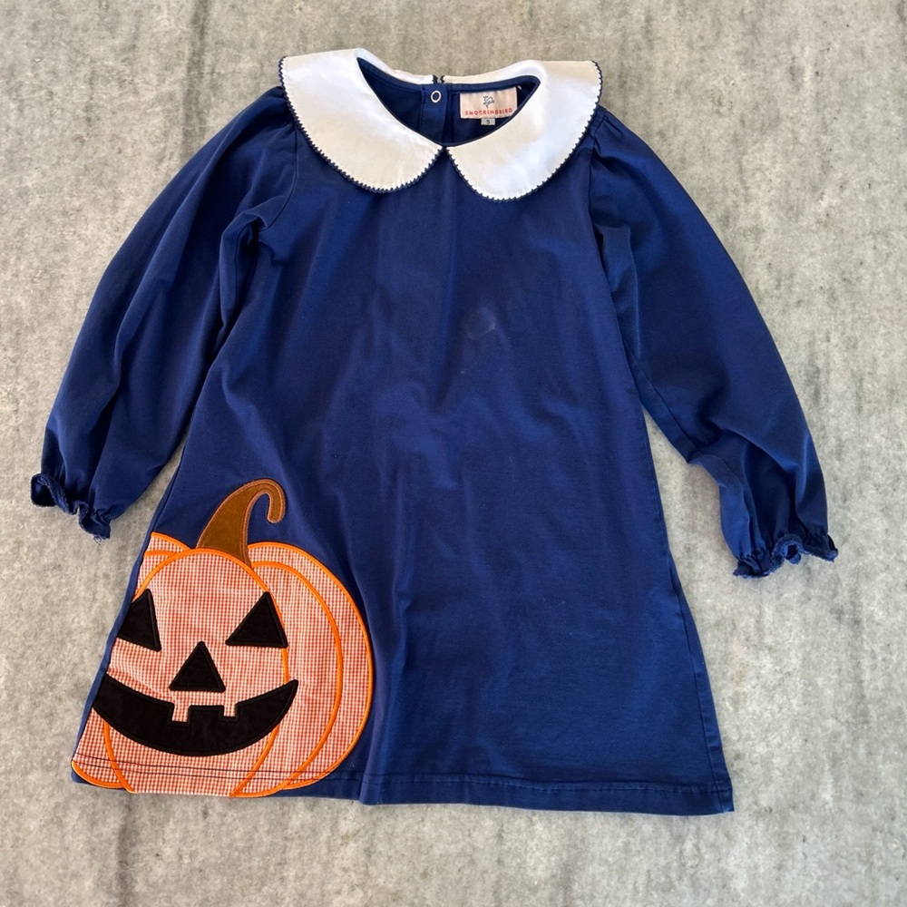 Smockingbird Navy Halloween Dress with Jack-o-lantern Applique Size 5